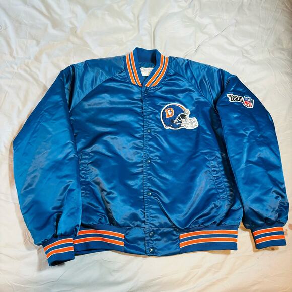 Vintage 90s NFL Denver Broncos Chalk Line Satin Spell Out Logo Jacket Large USA - Picture 1 of 8